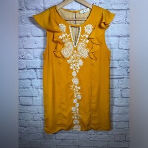 THML Embroidered‎ Boho Yellow & White mini Dress Womens size small ruffle sleeve